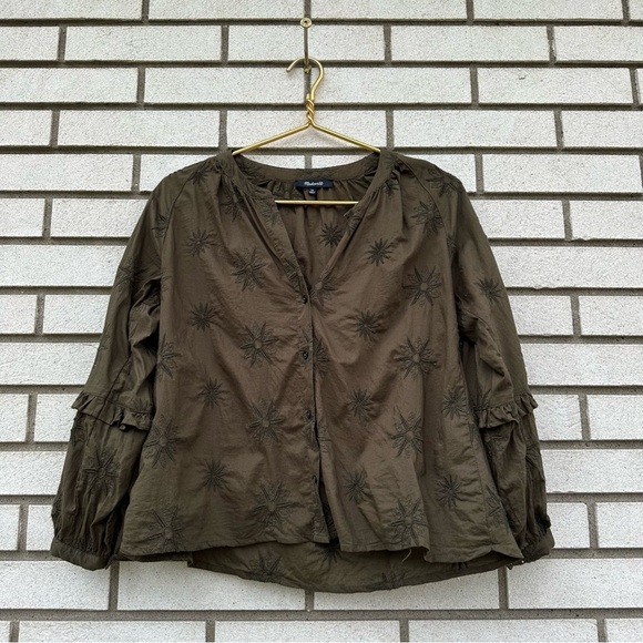 Madewell Embroidered Bubble Sleeve Blouse Top in Dark Olive - Picture 3 of 14
